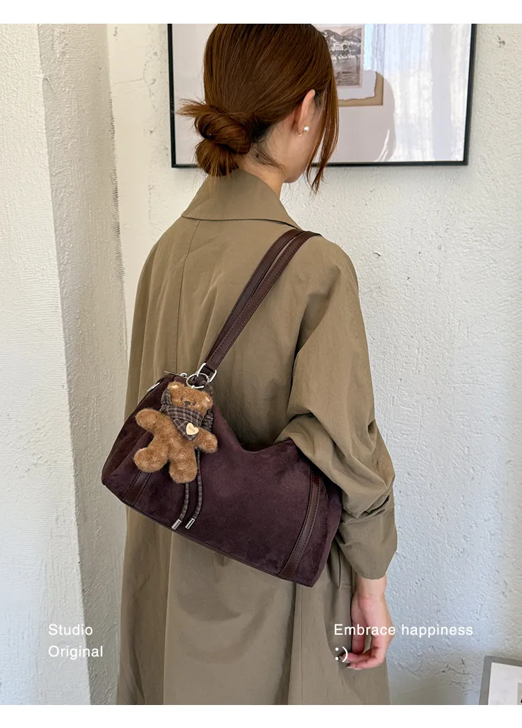 Suede-Effect Shoulder Bag with Bear Charm — detail 4