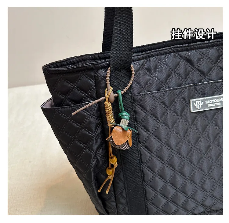 Quilted Panel Tote with Beaded Charm — detail 1
