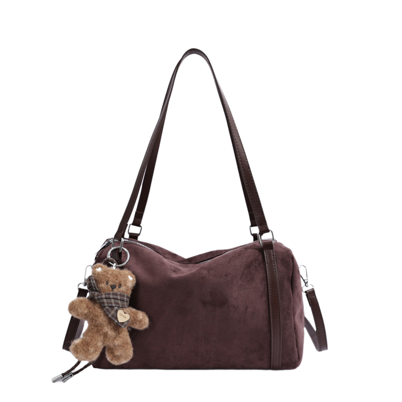 Suede-Effect Shoulder Bag with Bear Charm