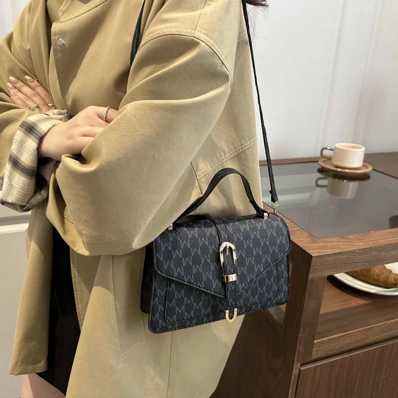 Letter-Print Buckle-Flap Satchel — detail 8