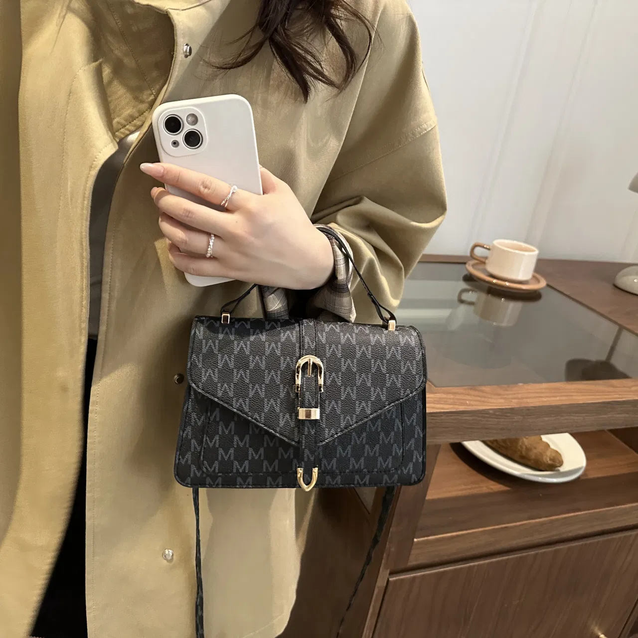 Letter-Print Buckle-Flap Satchel — detail 6
