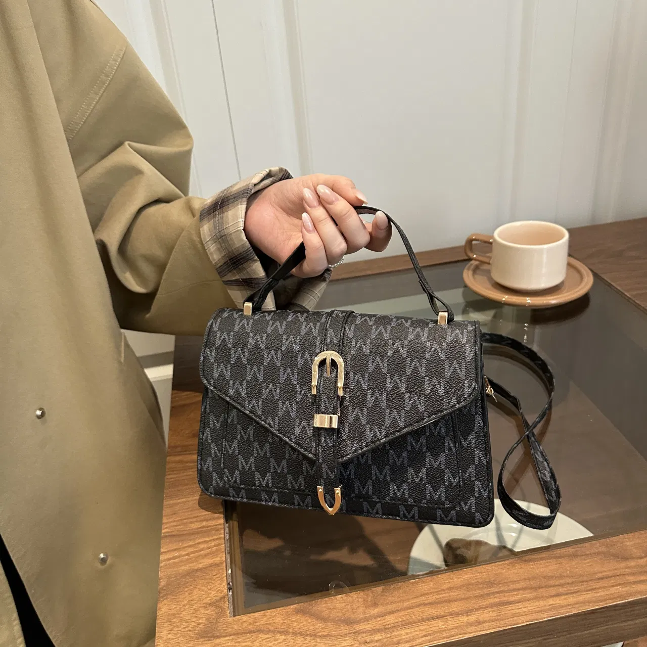 Letter-Print Buckle-Flap Satchel — detail 5