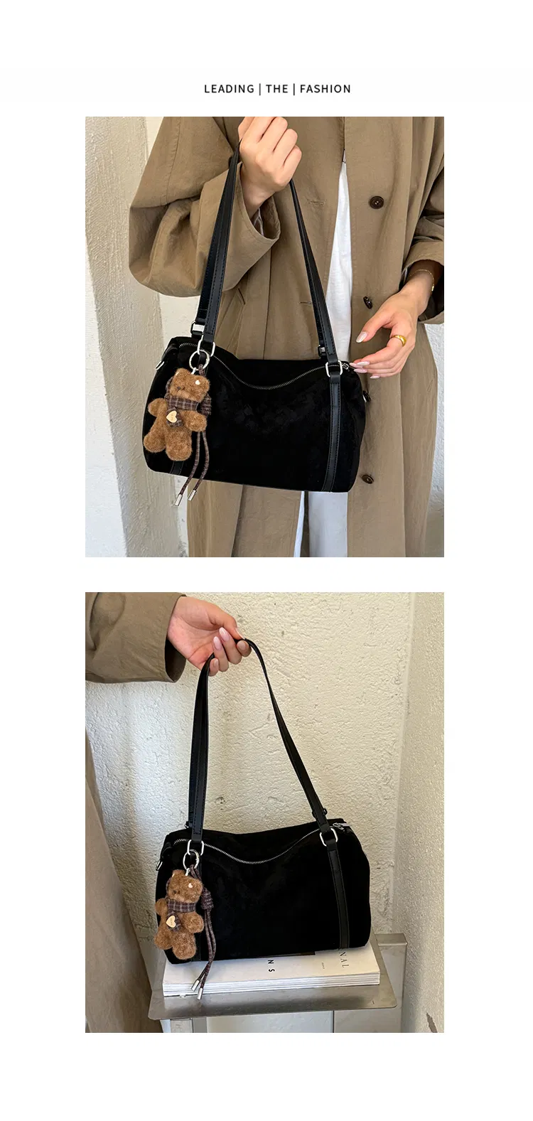 Suede-Effect Shoulder Bag with Bear Charm — detail 7