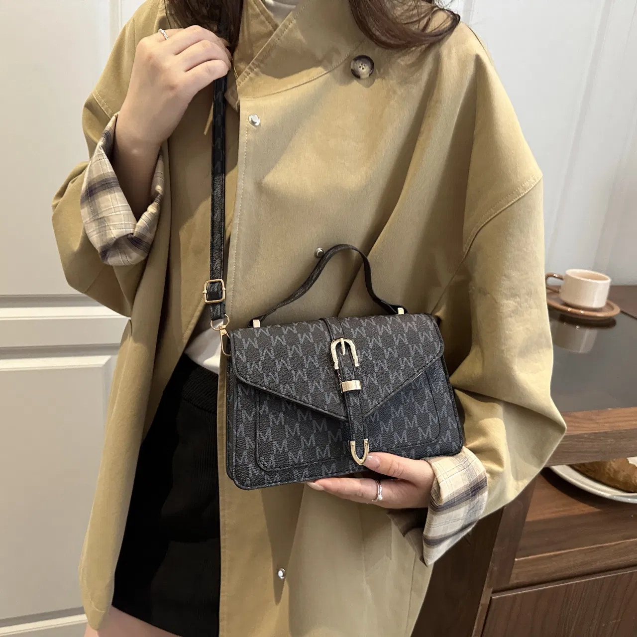 Letter-Print Buckle-Flap Satchel — detail 9