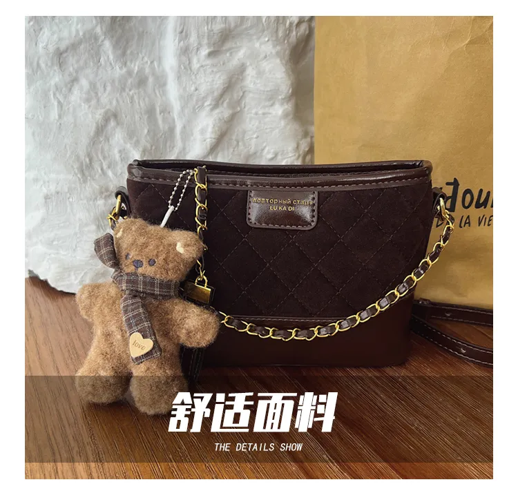 Quilted Suede-Effect Chain Bag with Bear Charm — detail 4