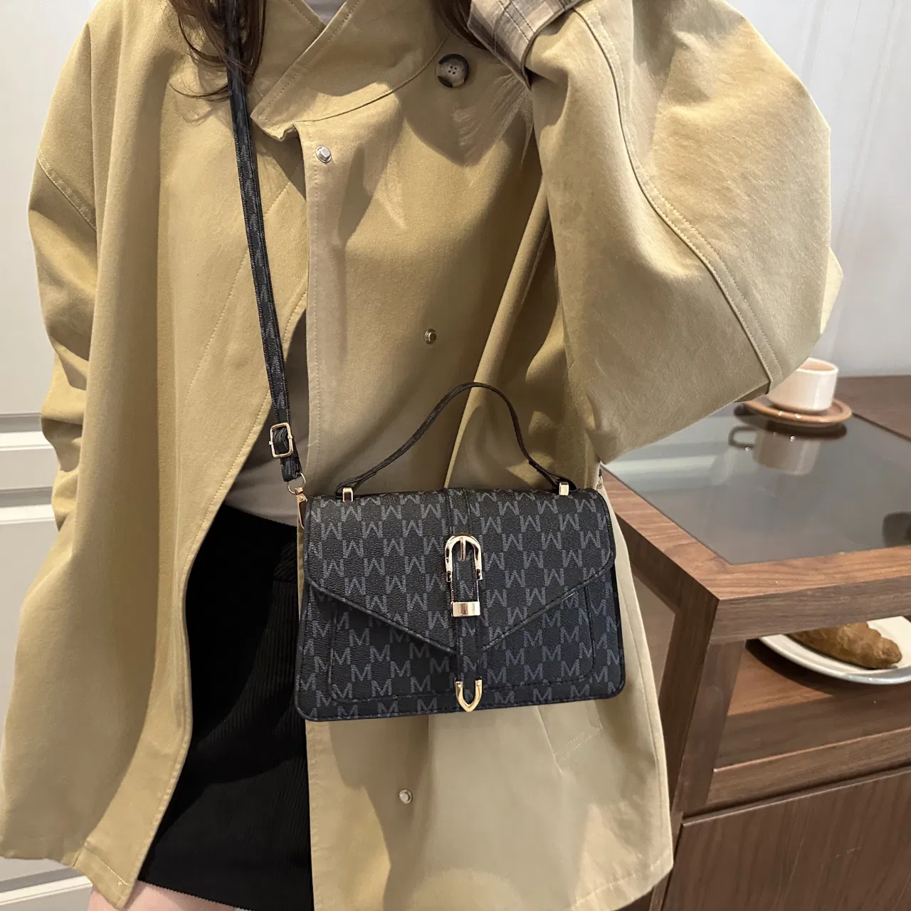 Letter-Print Buckle-Flap Satchel — detail 10