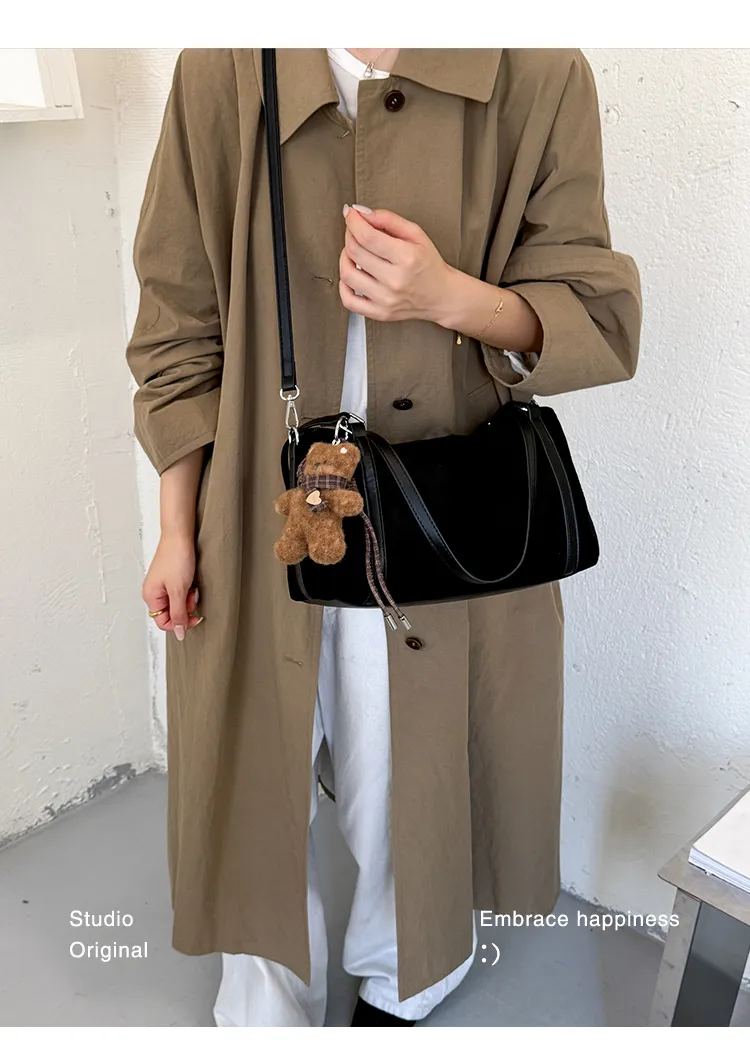 Suede-Effect Shoulder Bag with Bear Charm — detail 8