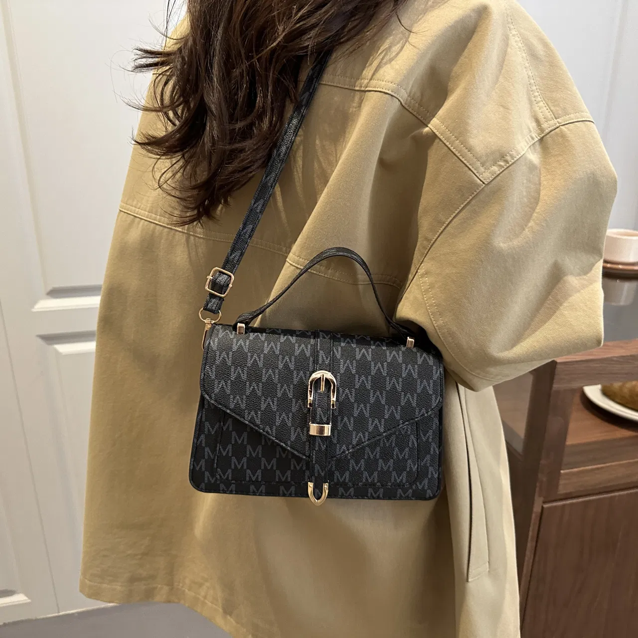 Letter-Print Buckle-Flap Satchel — detail 7