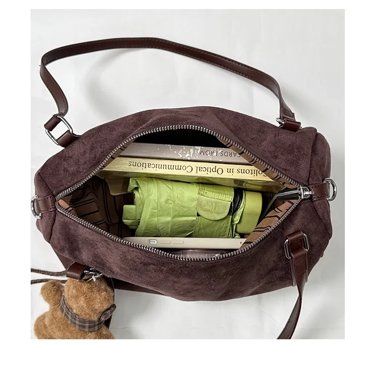 Suede-Effect Shoulder Bag with Bear Charm — detail 1