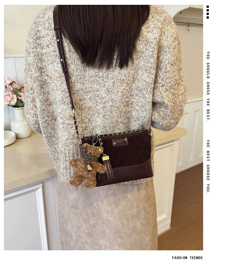 Quilted Suede-Effect Chain Bag with Bear Charm — detail 1