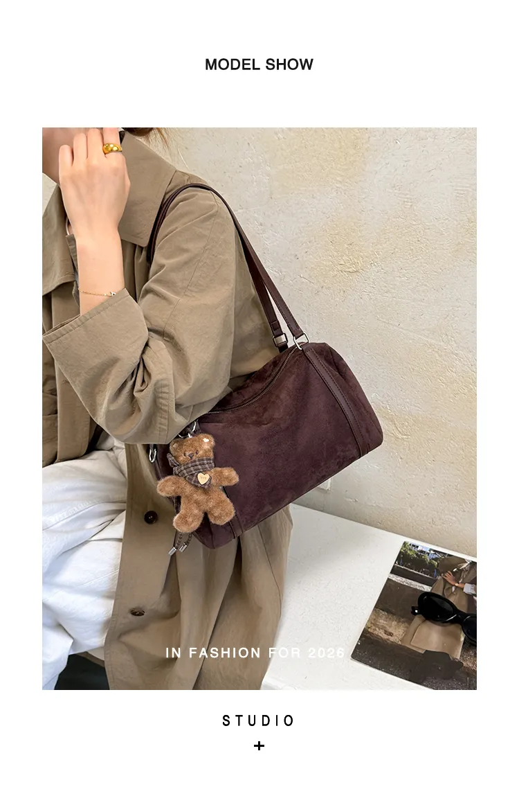 Suede-Effect Shoulder Bag with Bear Charm — detail 2