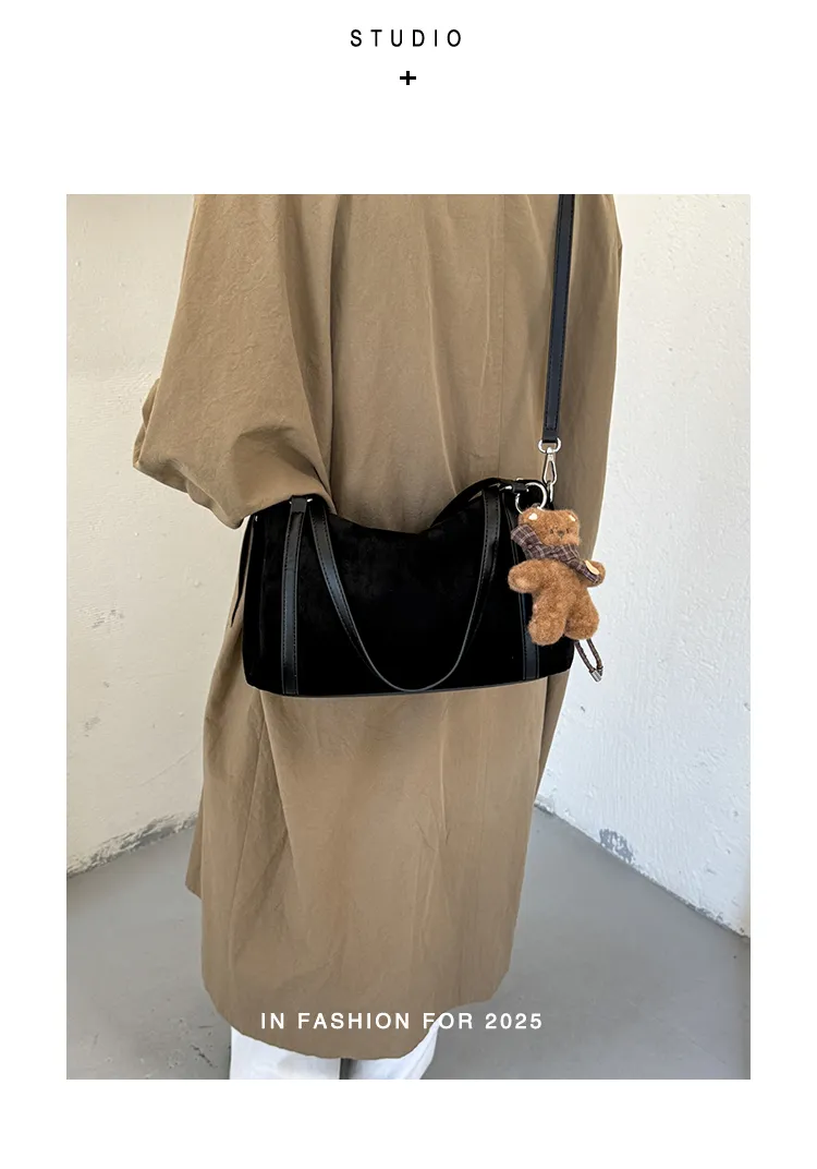 Suede-Effect Shoulder Bag with Bear Charm — detail 9