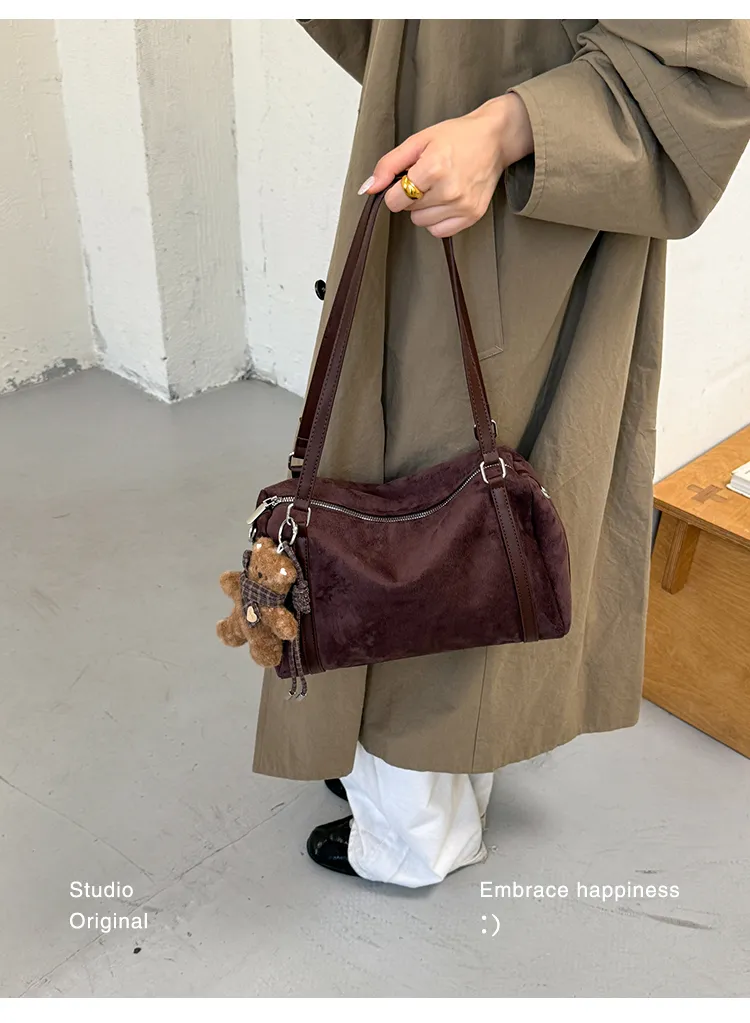 Suede-Effect Shoulder Bag with Bear Charm — detail 5