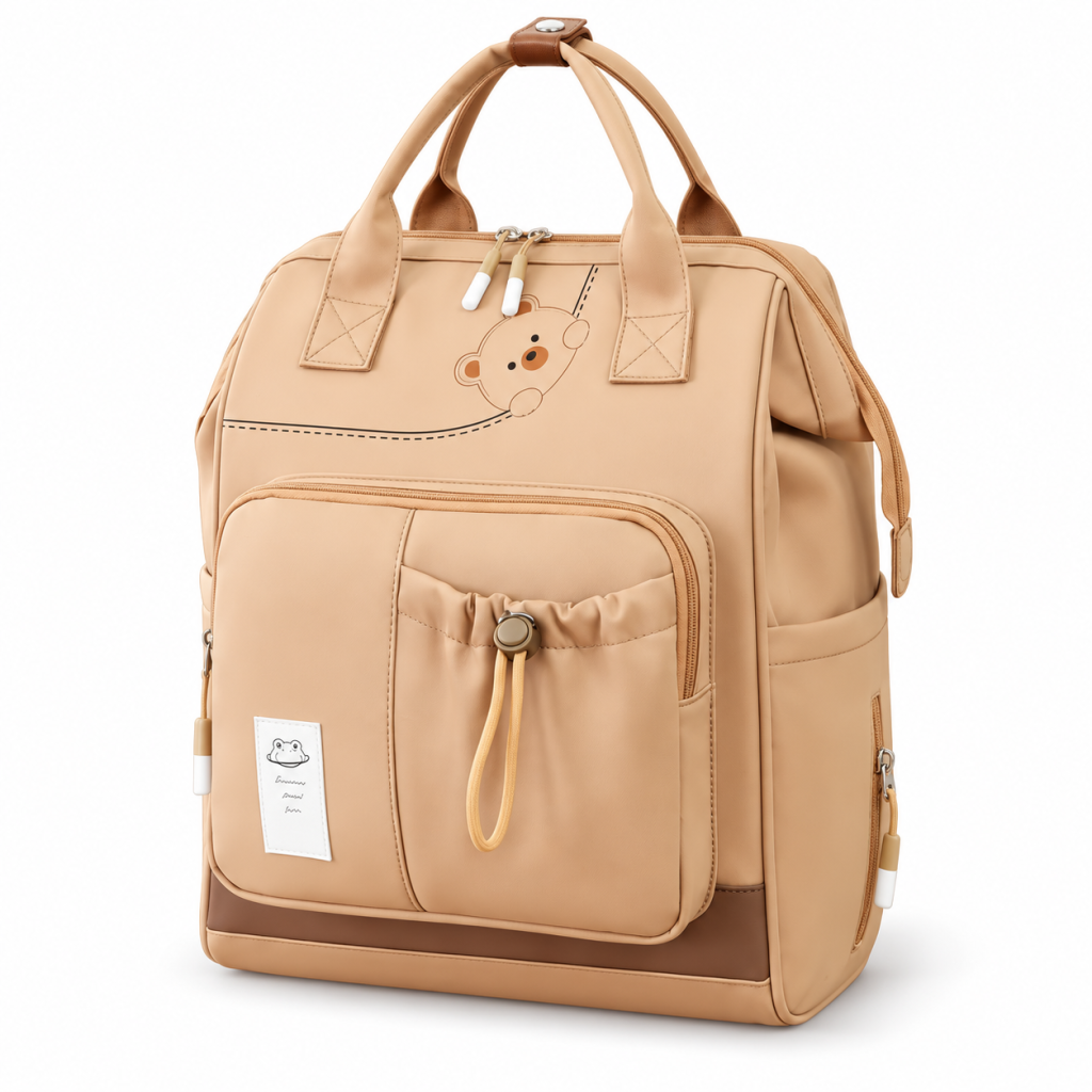 Bear-Motif Diaper Backpack with Drawstring Pocket